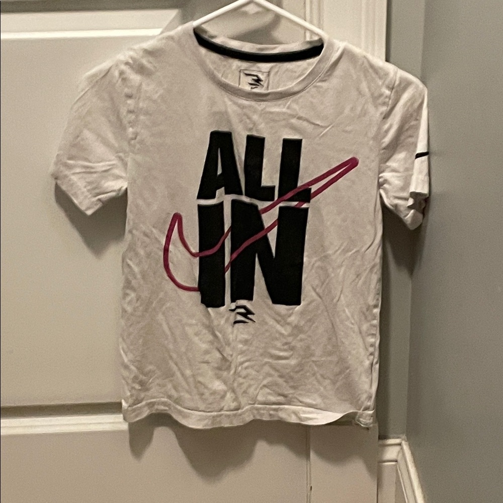 Nike Kids White Tee with Black and Pink Graphic